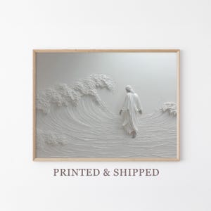 Jesús caminando sobre el agua: Impresión de pintura abstracta blanca serena / Elegante arte mural cristiano / GBS1