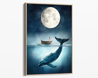 月下のクジラの水彩画 | クジラのプリント | クジラとボート | クジラ