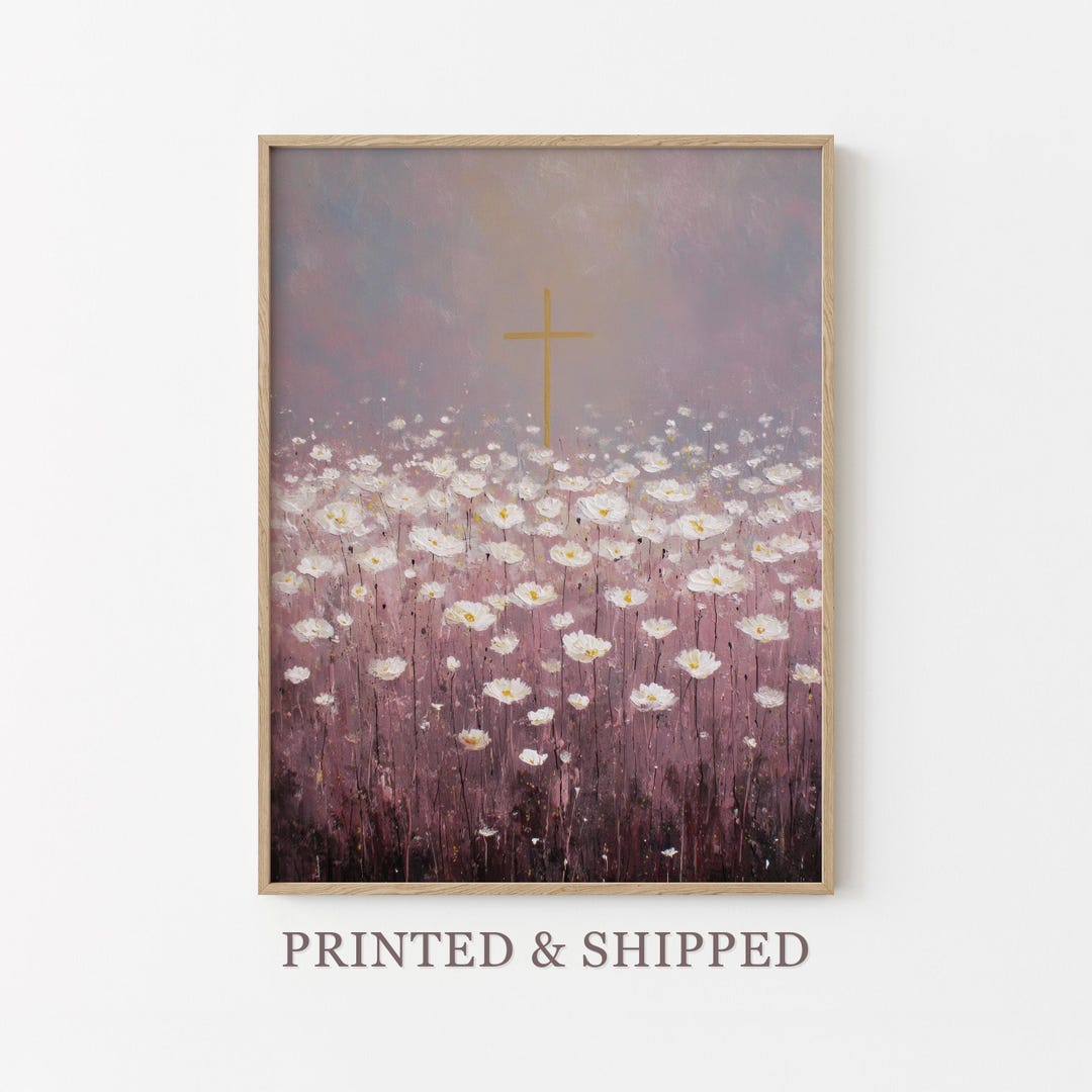 Christian Cross in a Wildflower Field: Faith Landscape Painting Print ...