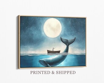Serene Whale Watercolor Painting Canvas Print | Jonah and the Whale | Whale and Boat | Whale Nursery Art | Whale Wall Art | CSWW1