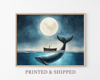 Serene Whale Watercolor Painting | Whale Print | Whale and Boat | Whale Art | Whale Nursery | Humpback Whale art wall decor gift | SWW1