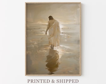 Vintage Jesus Christus geht auf Wassermalerei Druck | Christliche Kunst | Religiöses Wandbild | Religiöses Wanddekor | Heilige Wolken | JCW4