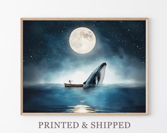 Serene Whale Watercolor Painting | Whale Print | Whale and Boat | Whale Art | Whale Nursery | Humpback Whale art wall decor gift | SWW2