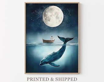 月下のクジラの水彩画 | クジラのプリント | クジラとボート | クジラ