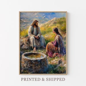 Vrouw bij de bron olieverfschilderij | Samaritaanse vrouw | Bijbelkunst Jezus | Moderne christelijke schilderkunst | Bijbelschets afdrukken schrift | WAT4