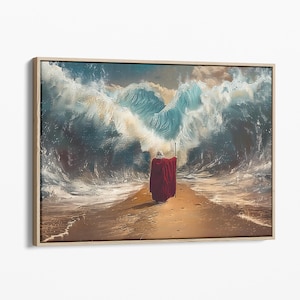 May include: A painting depicting a figure in a red robe walking on a path between two large waves. The waves are crashing and the figure is holding a staff.
