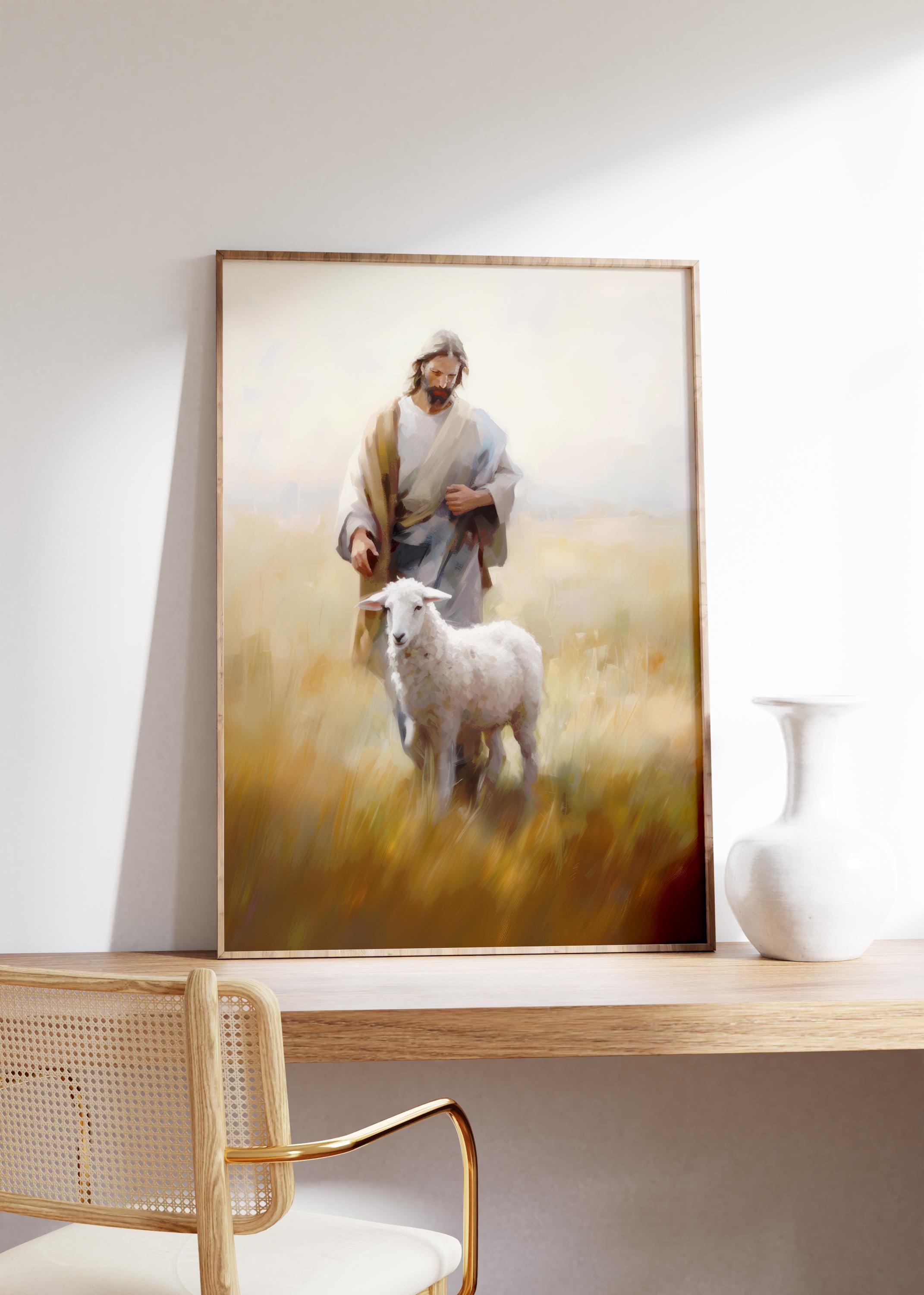 2 Stampe Su Tela Gesù Cristo 30x40 Cm | Quadri Cristiani Con Gesù Che Cammina Sull'Acqua E Salva L'Agnello - 3