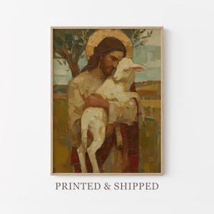 May include: A framed print of a religious painting. The artwork depicts a figure with a halo embracing a lamb. The color palette includes warm tones of brown, beige, and red, with a background of green and yellow. The text "PRINTED & SHIPPED" is at the bottom.