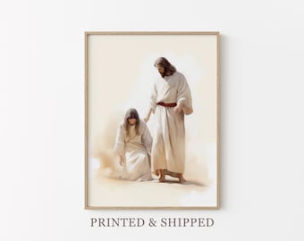 Jesus Heals A Sick Woman Watercolor Painting Print | Bleeding Woman Touched The Hem Of Jesus Garment | Bible Verse Christian Art | JHA4