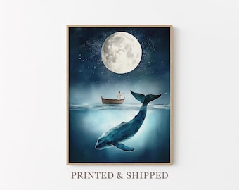 Serene Whale Watercolor Painting | Whale Print | Whale and Boat | Whale Art | Whale Nursery | Humpback Whale art wall decor gift | SWW3