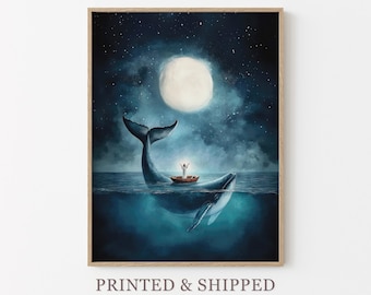 Serene Whale Watercolor Painting | Whale Print | Whale and Boat | Whale Art | Whale Nursery | Humpback Whale art wall decor gift | SWW4