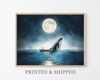 Serene Whale Watercolor Painting | Whale Print | Whale and Boat | Whale Art | Whale Nursery | Humpback Whale art wall decor gift | SWW2