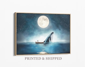 Serene Whale Watercolor Painting Canvas Print | Jonah and the Whale | Whale and Boat | Whale Nursery Art | Whale Wall Art | CSWW2
