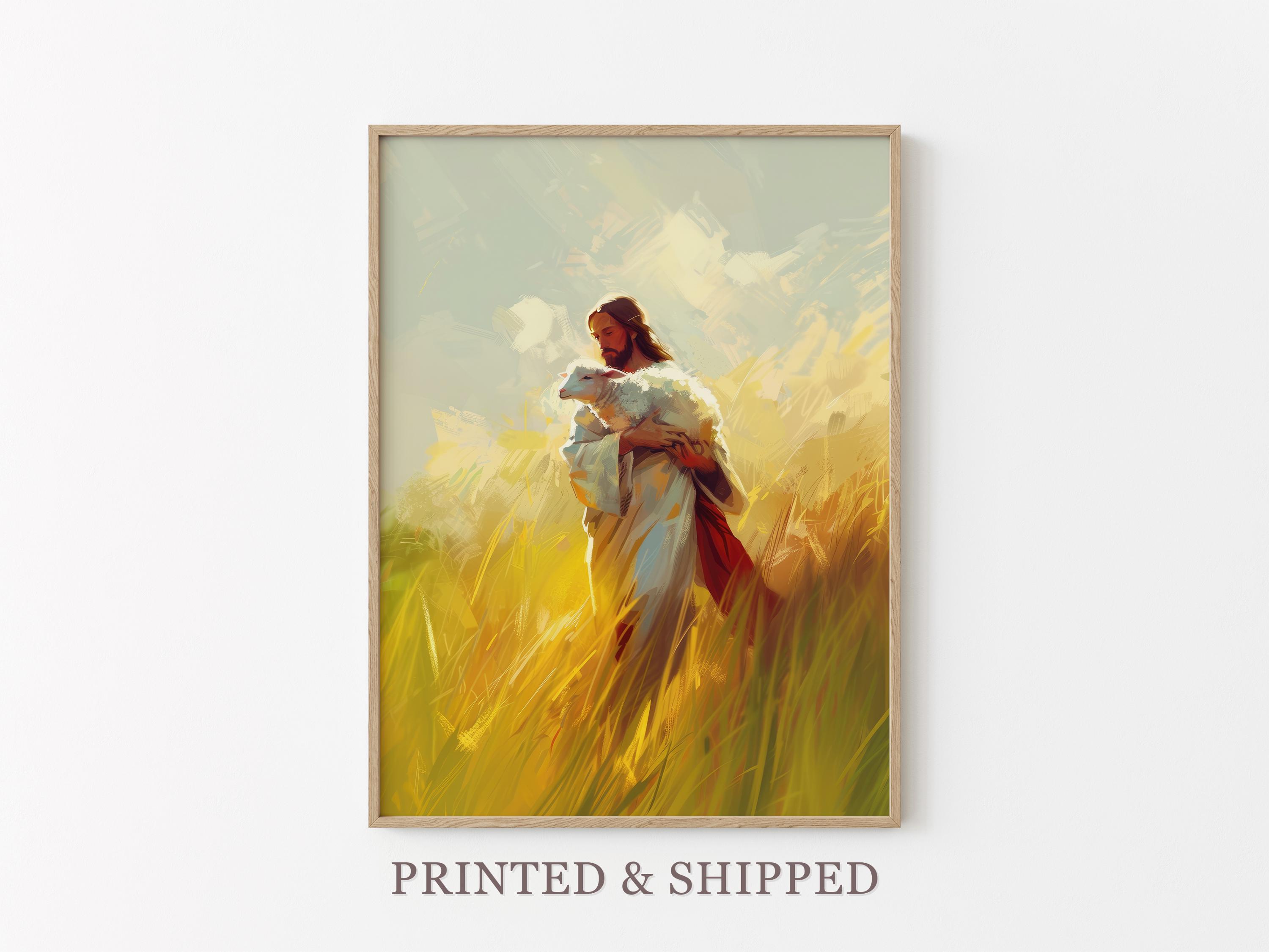 Jesus and Lamb Oil Painting Print | Jesus Finding Lost Lamb God Painting Print | Jesus Painting | Jesus Leaves the 99 | Bible Art | JAL4