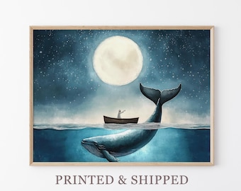 Serene Whale Watercolor Painting | Whale Print | Whale and Boat | Whale Art | Whale Nursery | Humpback Whale art wall decor gift | SWW1