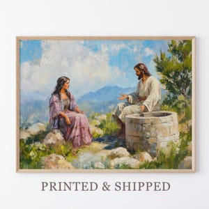 Vrouw bij de bron olieverfschilderij | Samaritaanse vrouw | Bijbelkunst Jezus | Moderne christelijke schilderkunst | Bijbelschets afdrukken schrift | WAT2