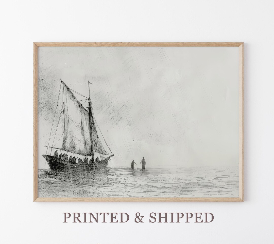 Jesus Walks on Water Sketch Print | Jesus and Peter Bible Art | Modern ...