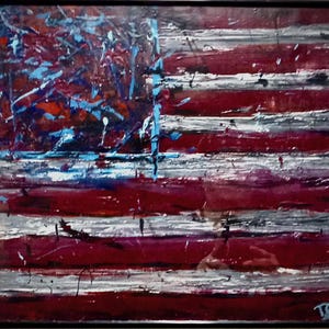 Puede incluir: Pintura abstracta de una bandera estadounidense en rojo, blanco y azul. La bandera está pintada en un estilo suelto y expresivo con pinceladas gruesas. Los colores son vibrantes y el efecto general es enérgico y dinámico.