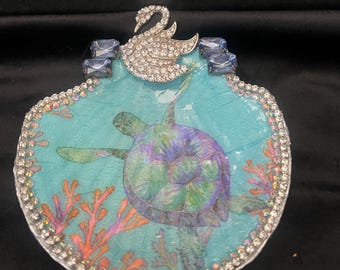 Shell ring dish, decoupaged with vintage jewels.