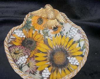 Shell ring dish, decoupaged with vintage jewels.