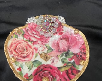 Shell ring dish, decoupaged with vintage jewels.
