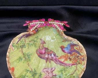 Shell ring dish, decoupaged with vintage jewels.