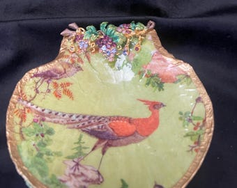 Shell ring dish, decoupaged with vintage jewels.