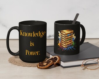 Taza, taza de café inspiradora, el conocimiento es poder, regalo para maestros, graduación, libros dorados, decoración de oficina