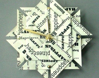 Handmade Origami Wall Clock, 1st Anniversary Gift, Housewarming Gift, Handmade Paper Art,  9&quot;, Modern Décor, “Happiness”