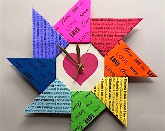 Personalized Gay Pride, Personalized LGBTQ Clock, Rainbow Origami Clock, Personalized LGBTQ Gift, LGBTQ 1st Anniversary Gift, Love Spiral
