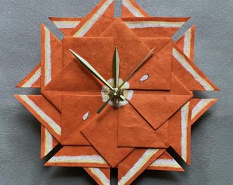 Orange Origami Kitchen Clock: Handmade Whimsical Paper Wall Decor