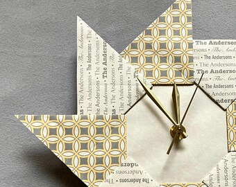 Personalized Family Name Origami Clock: Grey & Yellow Pattern