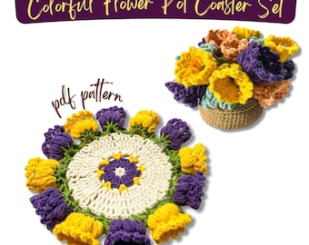 Flower Pot Coaster Set Crochet Pattern, Flower Bouquet Plant Coaster, Floral Crochet Coaster, Crochet Home Decor, Easy to Follow Tutorial