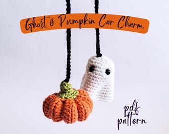 Ghost and Pumpkin Car Charm Crochet Pattern, Spooky Crochet Car Mirror Hanger, Amigurumi Car Hanging, Crochet Halloween Swinging Car Decor
