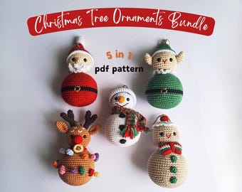 May include: A collection of five handmade crochet Christmas tree ornaments. The ornaments include Santa Claus, an elf, a reindeer, and two snowmen. The text "Christmas Tree Ornaments Bundle" and "5 in 1 pdf pattern" are displayed in the image.