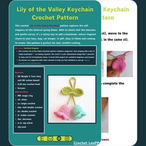 Lily of the Valley keychain crochet pattern preview showing materials, abbreviations, and skill level with image of the finished design.
