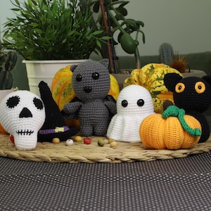 Halloween Amigurumi Crochet Bundle - Witch Hat, Ghost, Bat, Skull and Black Cat Patterns for Unique DIY Decor and Gift Ideas