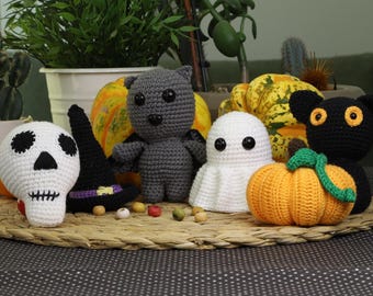 Halloween Amigurumi Crochet Bundle - Witch Hat, Ghost, Bat, Skull and Black Cat Patterns for Unique DIY Decor and Gift Ideas