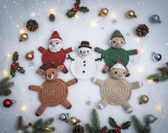 5 in 1 Chistmas Coasters Crochet Pattern Bundle, Holiday Character Coasters, DIY Cute Coasters, Santa Snowman Reindeer Elf Gingerbread PDF