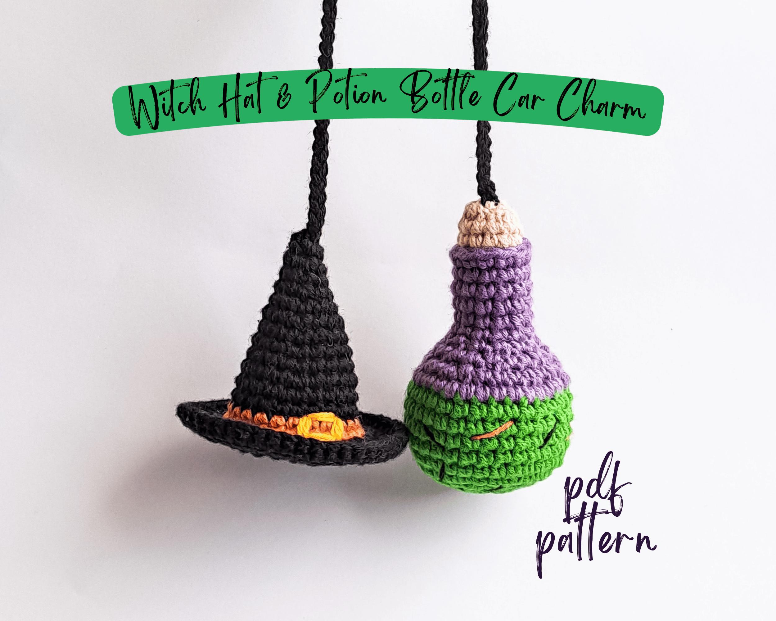 40 Crochet Witchy Stuff Patterns with Hats, Bats, and Ghosts 30 Witch Hat and Potion Bottle Car Charm Crochet