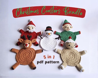 Chistmas Coasters Crochet Pattern Bundle, Christmas Character Coasters, Handmade Christmas Gift Idea, DIY Xmas Decor, Amigurumi Pattern