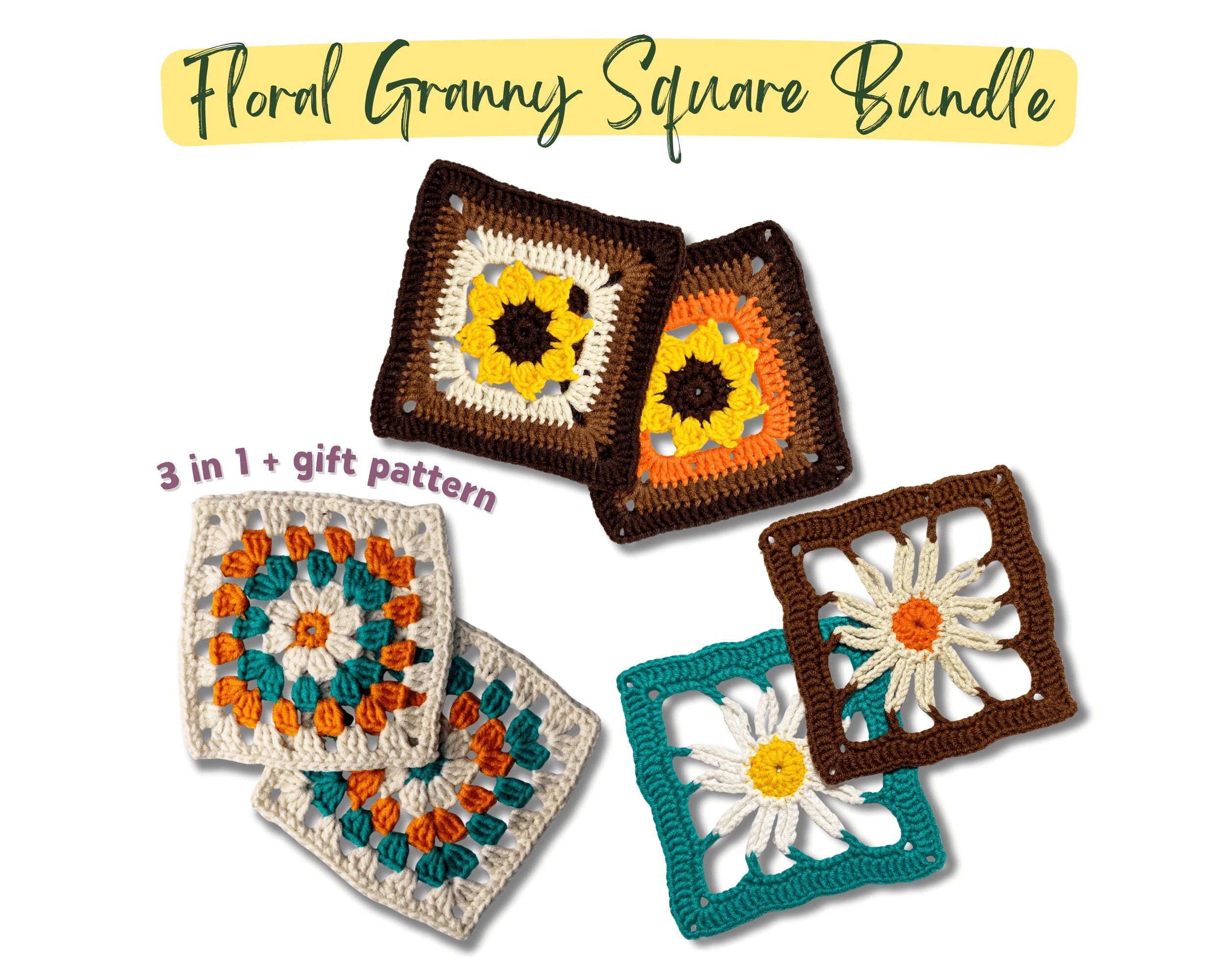 Easy Crochet Flower Granny Square Bundle Pattern, 3in1 Floral Crochet Pattern, Flower Motif, Flower Coaster Crochet Pattern for Beginners