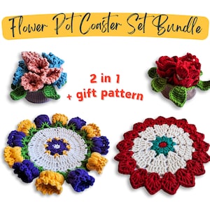 Flower Pot Coaster Set Crochet Pattern Bundle, Flower Bouquet Plant Coaster, Floral Crochet Coaster, Easy Crochet Pattern, Home Decor