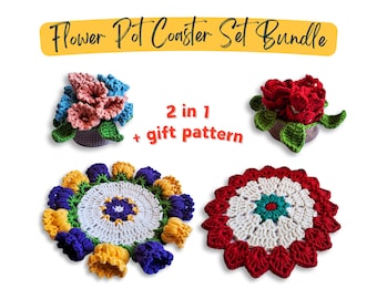 Flower Pot Coaster Set Crochet Pattern Bundle, Flower Bouquet Plant Coaster, Floral Crochet Coaster, Easy Crochet Pattern, Home Decor
