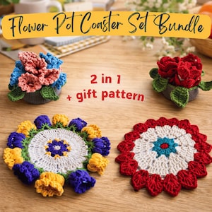 Könnte beinhalten: Eine Sammlung handgefertigter Häkel-Blumentopf-Untersetzer. Das Set enthält Untersetzer mit blauen, rosa und roten Blumen sowie zwei runde Untersetzer mit komplizierten Mustern in Weiß, Gelb, Blau und Rot. Der Text lautet "Flower Pot Coaster Set Bundle".