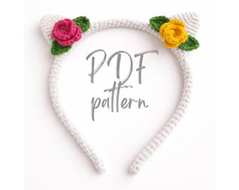 Flower Cat Ear Headband Crochet Pattern, Floral Costume Hair Accessory PDF