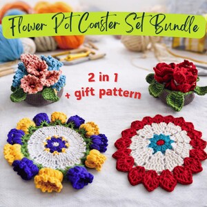 Puede incluir: Un conjunto de posavasos de ganchillo hechos a mano con forma de maceta. El conjunto incluye posavasos con diseños de flores en rojo, azul, amarillo y blanco. La imagen también presenta hilo y el texto "Flower Pot Coaster Set Bundle".