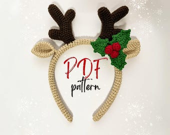 Crochet Floral Reindeer Crown Pattern, Christmas Deer Headband, Crochet Hair Accessory, Reindeer Headband, Gifts for Kids, Amigurumi Pattern