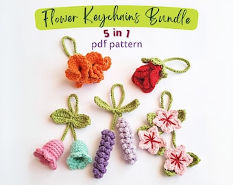 Flower Keychains Crochet Pattern Bundle, Lily of The Valley, Rose, Lavender, Carnation, Cherry Blossom