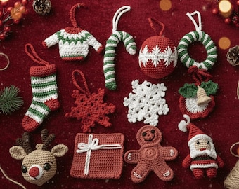 May include: A collection of twelve crocheted Christmas ornaments including a sweater, candy cane, ball, wreath, stocking, two snowflakes, a bell, a reindeer head, a gift box, a gingerbread person, and a Santa Claus figure.